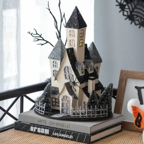 Whisen Halloween Cardboard Haunted House Decor with LED Lights, Battery Powered - Beige & Black image {4}