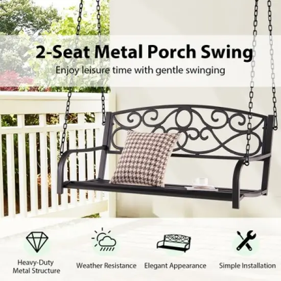 Costway Outdoor 2-Person Metal Porch Swing Hanging Patio Bench 485 Lbs Capacity Black\Brown image {5}