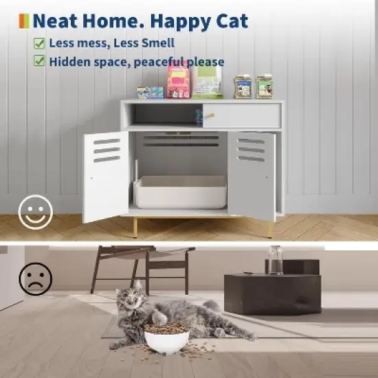 Cat Litter Box Enclosure, Wooden Cat Washroom Furniture with Barn Door, Hidden Litter Box Cover, Dog Proof Feline Litter Boxes, Kitty House, White image {5}
