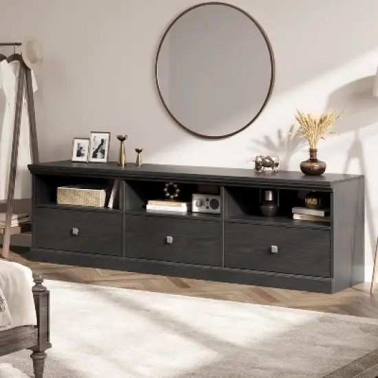70in TV Stand for TVs up to 80", Modern Entertainment Center with Storage Drawer, Shelves, TV Console Media Cabinet for Living Room, Bedroom, Black image {2}