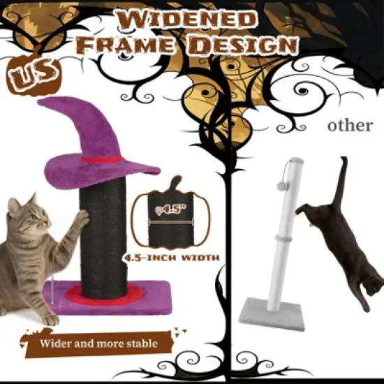 Angel Sar Wizard Hat Cat Scratching Post with Spring Ball Toy, Halloween Spooky Cat Scratcher for Indoor Cats, Purple image {6}