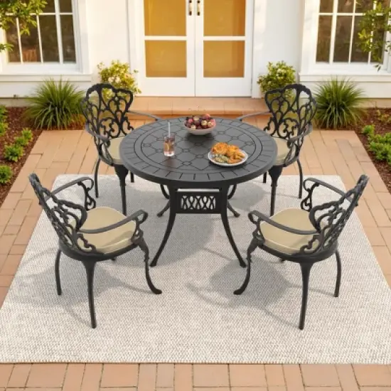 5-Piece Cast Aluminum Outdoor Dining Set with Beige Cushions, Rectangle Table & Ergonomic Chairs - for Patio, Backyard image {9}