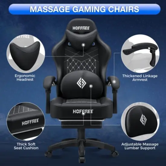 Hoffree Leather Massage Gaming Chair Ergonomic Office PC Chair with Bluetooth Speaker & Footrest image {3}