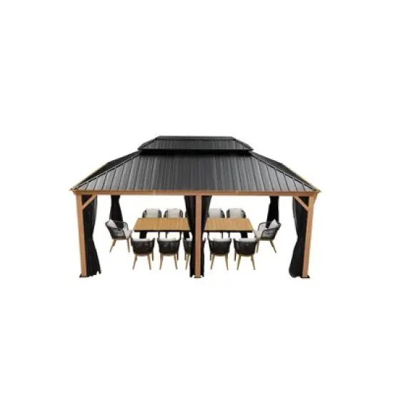 PURPLE LEAF Outdoor Hardtop Gazebo for Patio Galvanized Steel Double Roof Permanent Canopy Teak Finish Aluminum Frame Pavilion Gazebo with Netting image {12}
