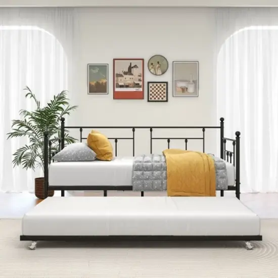 Twin Size Daybed Metal Frame with Trundle Set, Twin Day Bed Sofa, Daybed and Roll Sofa Bed for Guest Room, Bedroom, Living Room, Victorian Style image {15}