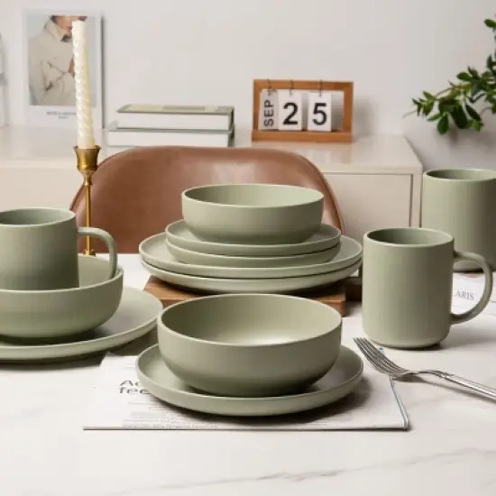 SEVOBAL 12-Piece Stoneware Dinnerware Set Microwave Dishwasher Friendly Stackable Matte Glaze Plates Bowls Service for 4, Green, 10"*10"*2.4" image {3}