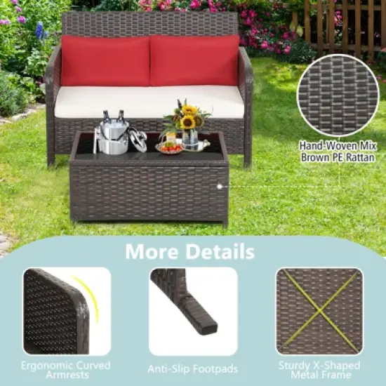 Tangkula 2PCS Patio Rattan Furniture Set Loveseat w/Coffee Table for Garden Porch Backyard Brown image {7}