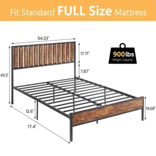 Bed Frame with Headboard Footboard Rustic Wood Farmhouse Platform Metal Wrought Rod Slat Bedframe, No Box Spring Needed, Easy Assembly image {1}