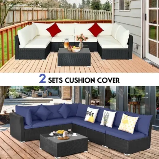 Costway 7PCS Patio Rattan Furniture Set Sectional Sofas Off White & Navy Cushion Covers image {4}