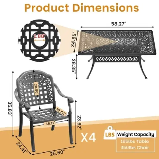 All-Weather 5-Piece Patio Dining Set: Cast Aluminum Furniture,Black with Comfy Blue Cushions & Umbrella Hole - Perfect for Garden Parties, BBQ! image {3}