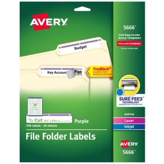 Avery TrueBlock File Folder Labels, 2/3" x 3-7/16", 750 Printable Labels, White/Purple (5666) image {8}