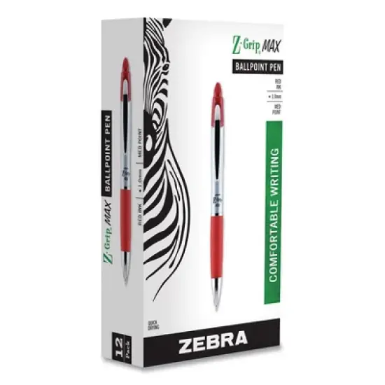 Zebra Z-Grip MAX Ballpoint Pen, Retractable, Medium 1 mm, Red Ink, Silver/Red Barrel, 12/Pack image {1}