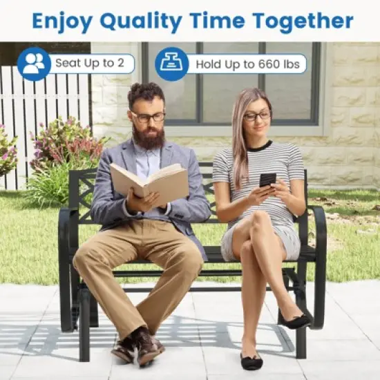 Costway 2-Person Outdoor Glider Bench with Metal Frame Armrests Geometric Backrest image {7}