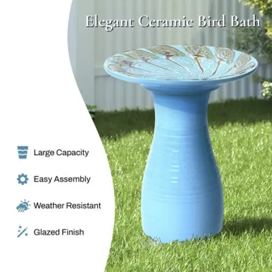 LuxenHome 20" Elegant Tall Ceramic Bird Bath for Outside with Leaf Pattern, Sky Blue image {2}