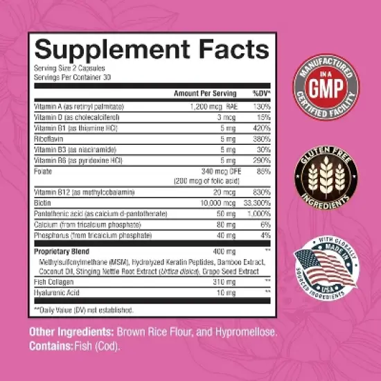 Biotin Collagen Keratin Hyaluronic Acid and B Complex Supplement Capsule, Beauty Vitamins for Women for Hair Skin and Nail Support, Bioschwartz, 60ct image {2}