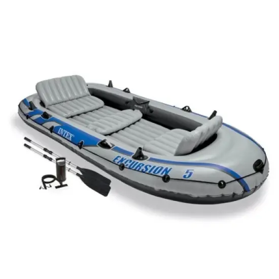 Intex Excursion 5 Person Inflatable Outdoor Fishing Raft Boat Set with 2 Aluminum Oars and Air Pump with a Intex Composite Motor Mount Kit image {1}