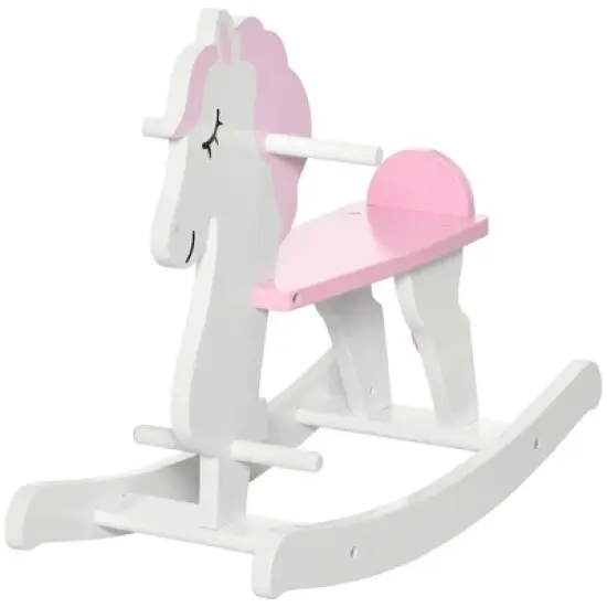 Qaba Little Wooden Rocking Horse Toy for Kids' Imaginative Play, Children's Small Baby Rocking Horse Ride-on Toy for Toddlers 1-3, Pink and White image {3}
