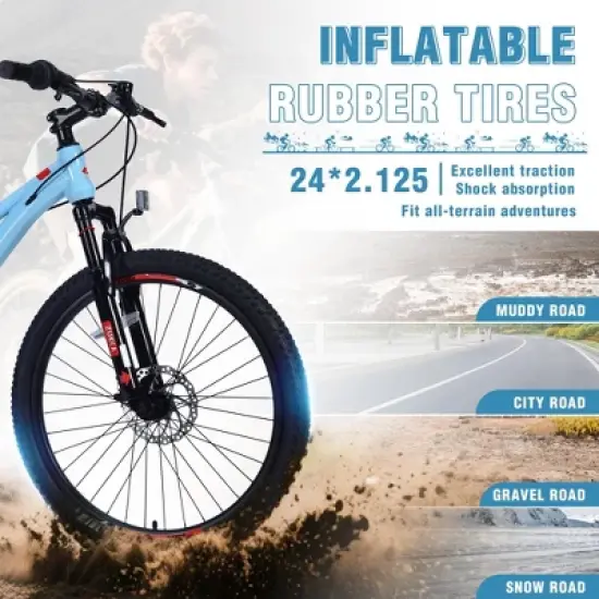 NAYSAYE Mountain Bike for Girls and Boys 24 Inch Steel Frame with 6-Speed Gear System for Outdoor Adventures, Blue, 61.42"*23.63"*36.62" image {2}