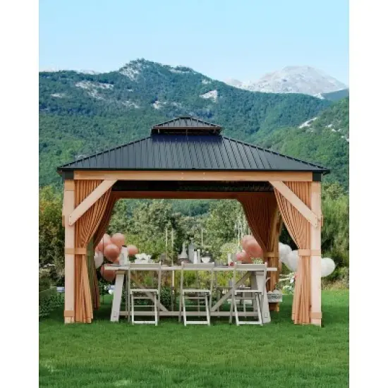 10x10 FT Hardtop Wood Gazebo for All Weather, Double Metal Roof, Wooden Frame, Net, and Curtain, for Patio, Deck, Backyard, Lawn, and Garden, Khaki image {6}