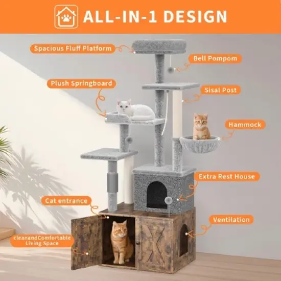 Cat Tree with Litter Box Enclosure Large, Multilevel Cat Play House with Large Condo, Cozy Top Perch,Wooden Cat Furniture for Indoor Cats image {2}