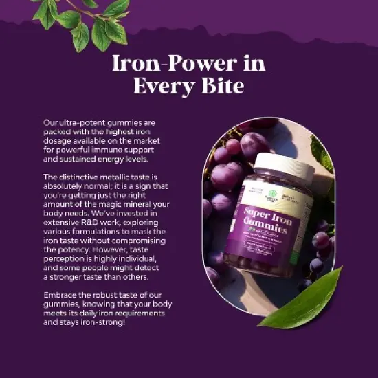 Super Iron Gummy, Chewable Iron Supplement for Women and Men with Vitamin C for Higher Absorption, Grape Flavor, Nature's Craft, 90ct image {7}