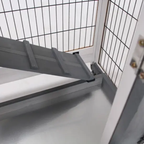 PawHut Wooden Rabbit Hutch Elevated Bunny Cage Indoor Small Animal Habitat with Enclosed Run with Wheels, Ramp, Removable Tray for Guinea Pigs image {7}