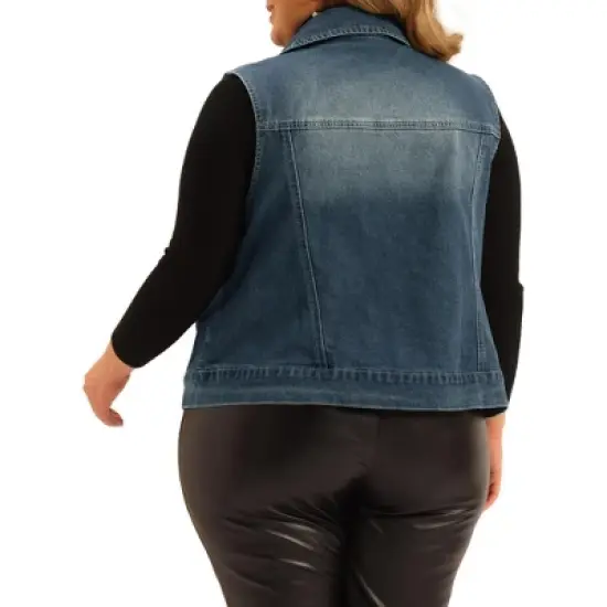 Agnes Orinda Women's Plus Size Zip Up Washed Denim Motorcycle Sleeveless Jean Vest image {3}