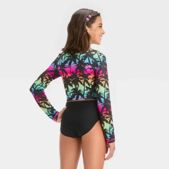 Girls' Tropical Ombre Design Rash Guard Swim Top - art class&trade; Black image {2}