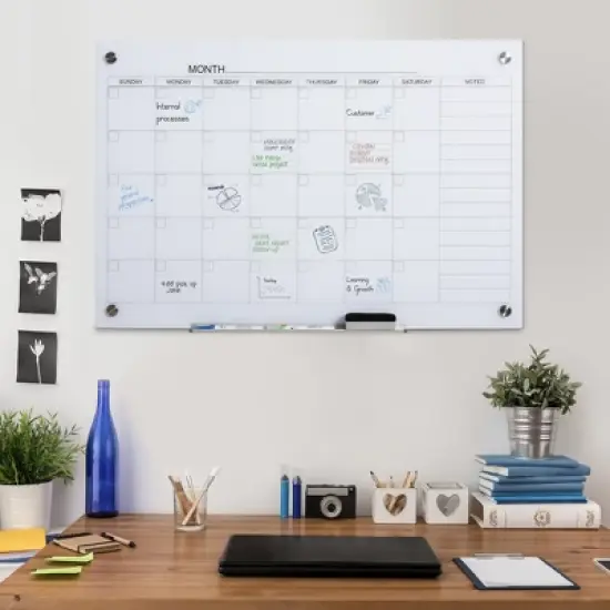 Vinsetto 35"x23" Dry Erase Wall Calendar Glass Whiteboard Monthly Planner for Homeschool Supplies & Home Office Organization w/ 4 Markers and Eraser image {1}
