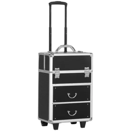 HOMCOM Rolling Makeup Train Case, Large Storage Cosmetic Trolley, Lockable Traveling Cart Trunk with Folding Trays, Swivel Wheels and Keys image {3}