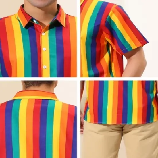 Lars Amadeus Men's Summer Rainbow Stripe Print Short Sleeve Button Down Shirts image {5}