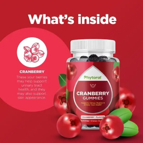 Extra Strength Cranberry Gummies for Men & Women, Delicious Potent Supplement for Bladder, Kidney, & Urinary Tract Health, Phytoral, 60ct image {5}