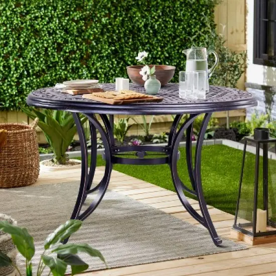 48" Round Aluminum Casting Patio Dining Table with Umbrella Hole - Black - WELLFOR image {5}