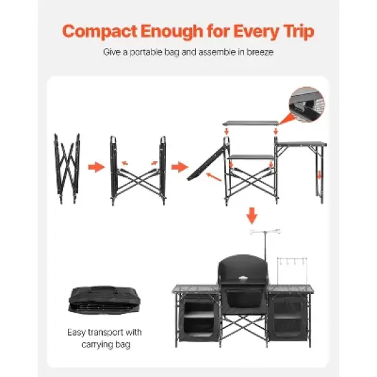 VEVOR Camping Kitchen Table, Outdoor Camp Cooking Table, Aluminum Portable Cook Station with 3 Storage Cupboard, Carrying Bag, Black image {5}