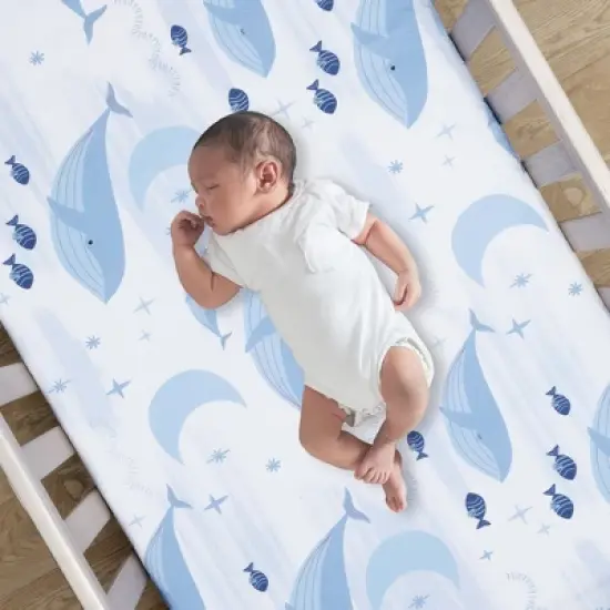 Lambs & Ivy Bubbles & Squirt 100% Cotton Whale/Ocean Fitted Crib/Toddler Sheet image {1}