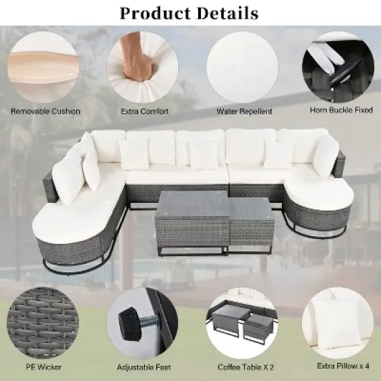 FIONECA 7-Piece Outdoor Wicker Sectional Sofa Set with 2 Coffee Tables, Free-Combination Patio Furniture with Cushions &uml;C Beige image {4}