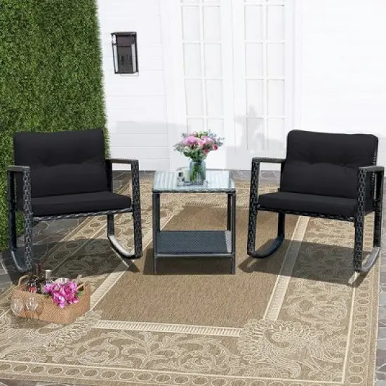 Costway 3PCS Patio Rattan Furniture Set Rocking Chairs Cushioned Sofa image {12}
