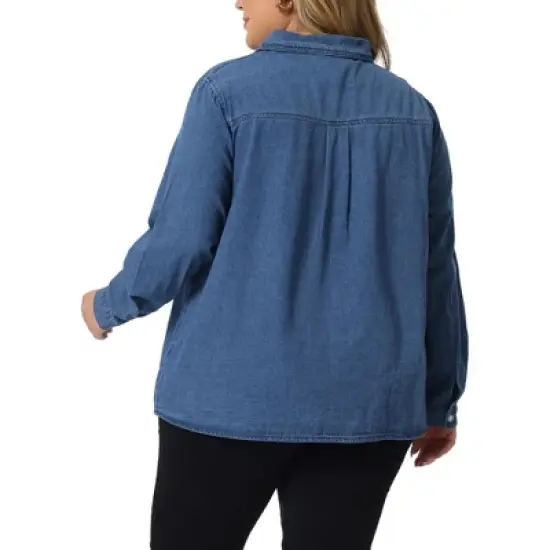 Agnes Orinda Women's Plus Size Denim Long Sleeve Button Down Jean Pockets Shirts image {3}