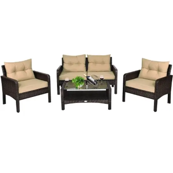 Costway 4PCS Patio Rattan Furniture Set Loveseat Sofa Coffee Table Garden W/ Cushion image {8}