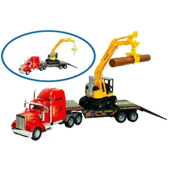 Big Daddy Big Rig Heavy Duty Tractor Trailer Low Boy Transport Flat Bed & Excavator Toy Trucks Combo image {2}