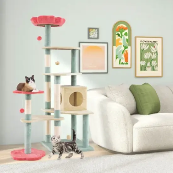 Costway 61&rdquo; Tall Cat Tree Multi-Level Aesthetic Floral Kitten Tower Indoor Cat Climbing Stand Activity Center image {3}