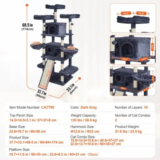 VEVOR Cat Tree for Indoor Cats, 68.5" Cat Tower with 2 Cat Condos, Sisal Scratching Post, Hammocks, Top Perches, Jumping Platforms and Ramp image {7}