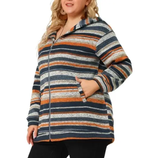 Agnes Orinda Women's Plus Size Zip Up Knit Stripe Printed Long Sleeve Boho Bohemian Hoodies Jackets image {1}
