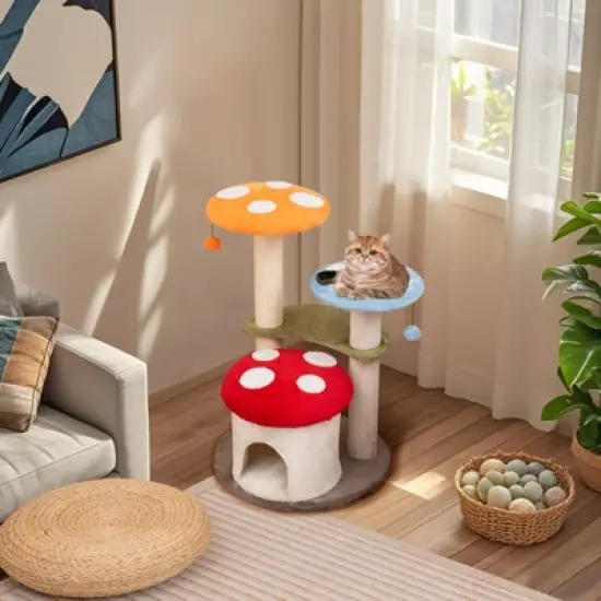Tangkula Cute Mushroom Cat Tree 35" Tall Cat Tower w/ Sisal Scratching Posts Cat Condo image {1}