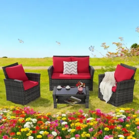 Mshliw 4-Piece Outdoor Patio Furniture Set, Garden Wicker Sofa with Tempered Glass Coffee Table, Poolside Lawn Chairs, Cushions, Modular Design image {10}