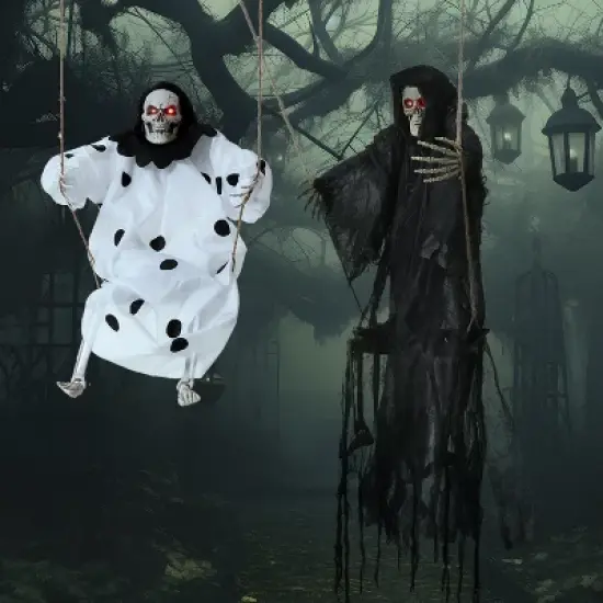 Joyfy 2 Packs 3ft Halloween Hanging Ghosts Outdoor Decor, Scary Grim Reaper Swinging Flying Skeleton with Lighted Up Eyes for Yard Patio Lawn Garden image {1}
