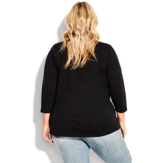 Women's Plus Size Notch Neck 3/4 Sleeve Plain Tee - black | AVENUE image {1}