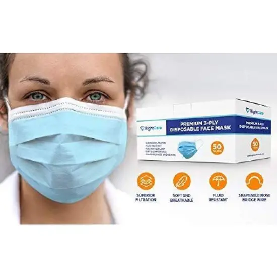 RightCare 3-Ply Disposable Face Masks for General Use Protection, Light Blue, Multiple Quantities image {4}