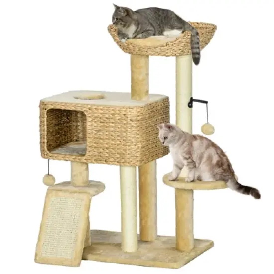 PawHut Scratching Posts, 45" Cat Tree for Indoor Cats with a Ramp, Condo, Toy Balls, Platforms, Bed Cat Tower, Beige image {6}