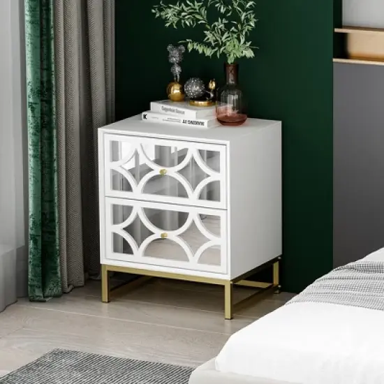 Averina 2 Drawers 45&deg; Splicing White  Mirror Front  Nightstand With Storage - The Pop Maison image {9}